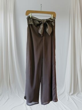 High-Rise Wide-Leg Satin Waist Tie Pants in Brown